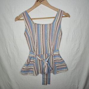 Monteau Los Angeles Sleeveless Fitted Pastel Striped Top With Waist Tie Size XS